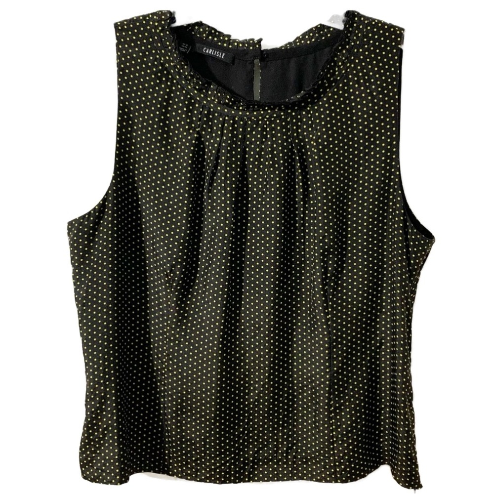Carlisle Fully Lined Sleeveless 100% Silk Polka Dot Blouse Ruffled Neckline Key